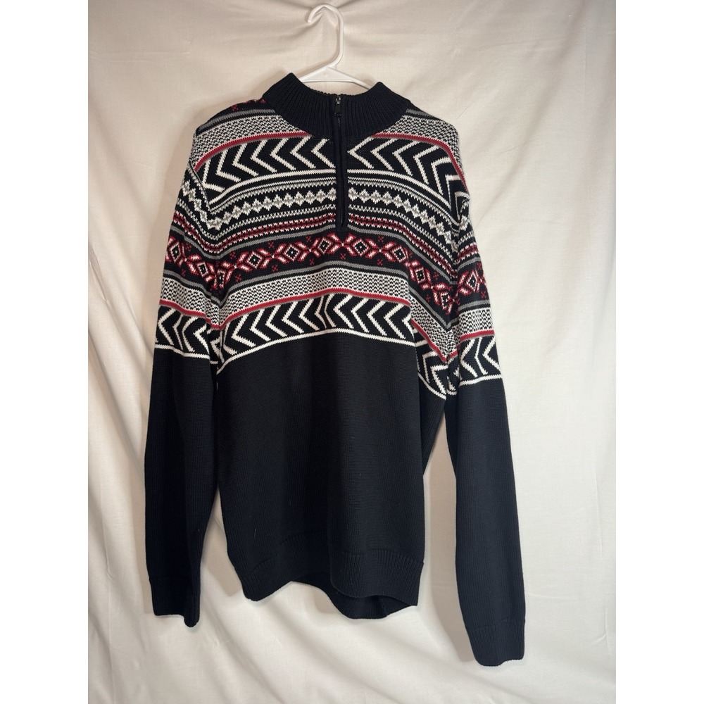 Chaps Men's Large Fair Isle Sweater 1/4 Zip Cotton Nordic Black Red Gray L